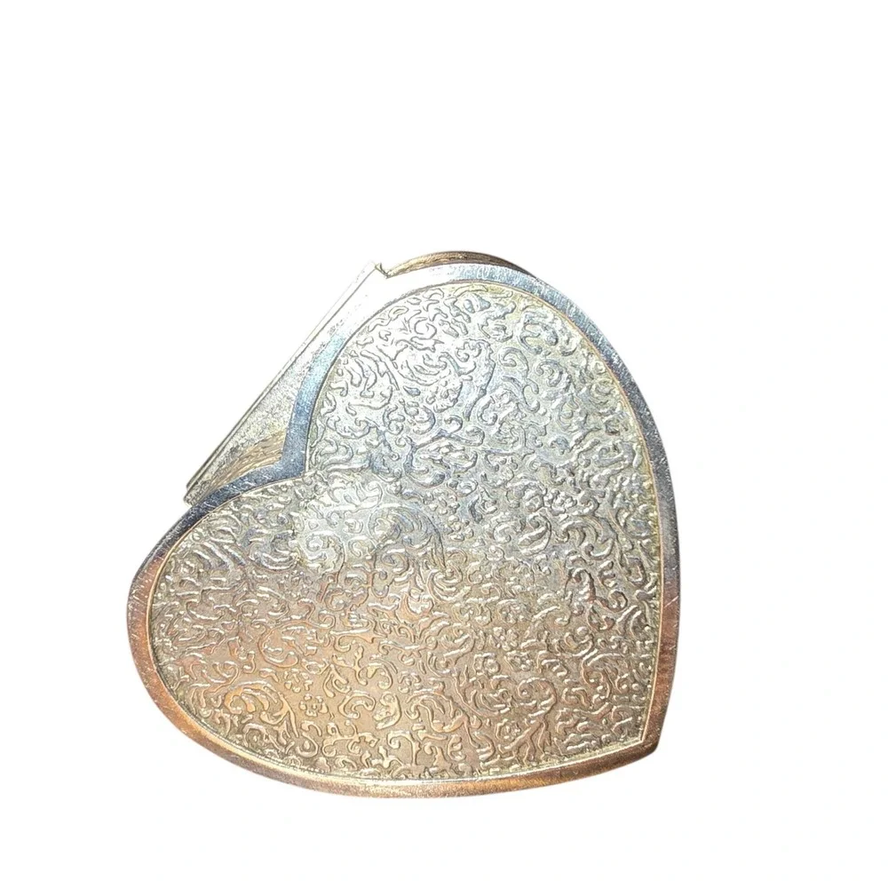 Vintage Heart Shaped Silver Floral‎ Design Mini Jewelry Box Blue Velvet Interior